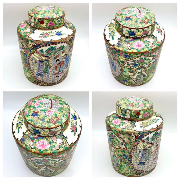 Huge Porcelain Canister Famille Rose Asian Figural Gold Gilt Floral Tea Caddy - Picture 5 of 15